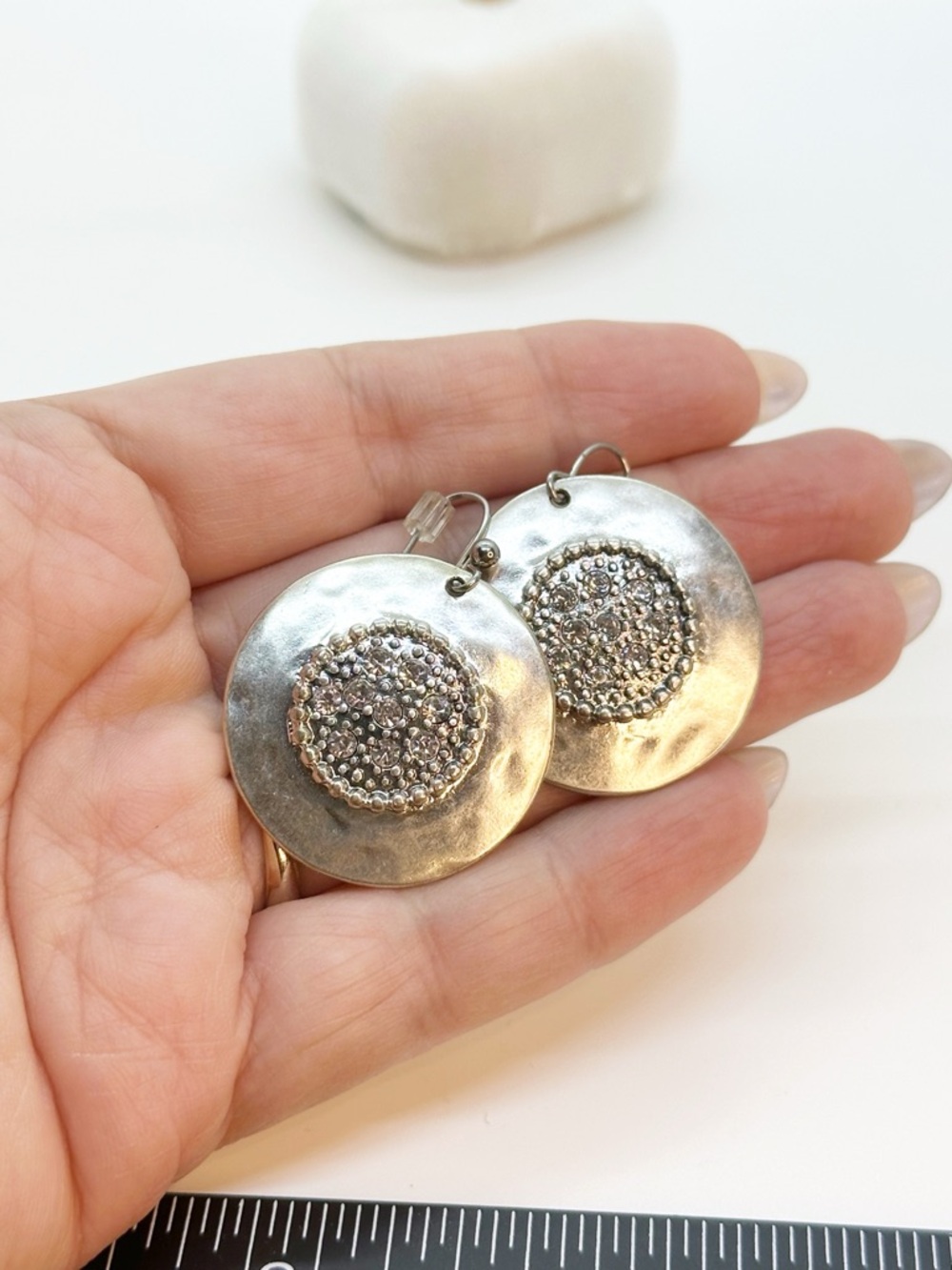 Silver Tone Round Disc Earrings with Crystal Center